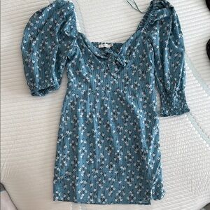 Floral Blue Dress with Puff Sleeves